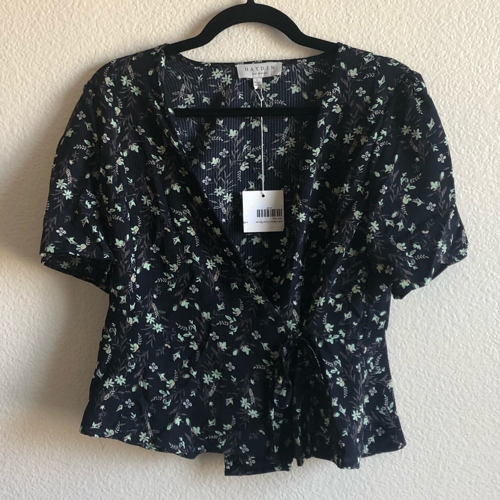 NWT Hayden Peplum Wrap Navy Floral Blouse L